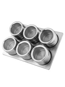 НМ 1215 – Набор для  специй на магнитах, 6 баночек из нержавеющей стали, металлическая подставка, пластиковые крышки